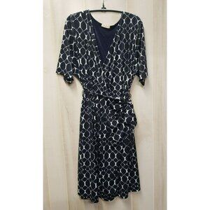 Gilli 2X Faux Wrap Dress, Navy & White Geometric Print, Short Sleeve, Stretchy